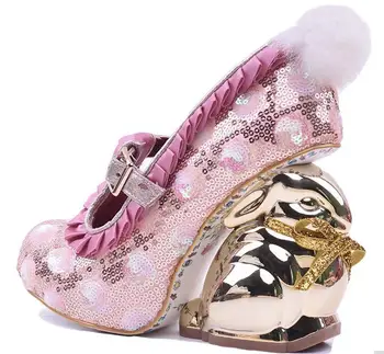 

New 2018 pink glitter embellished high heel shoes gold rabbit strange heels ankle strap woman shoes sweet dress heels