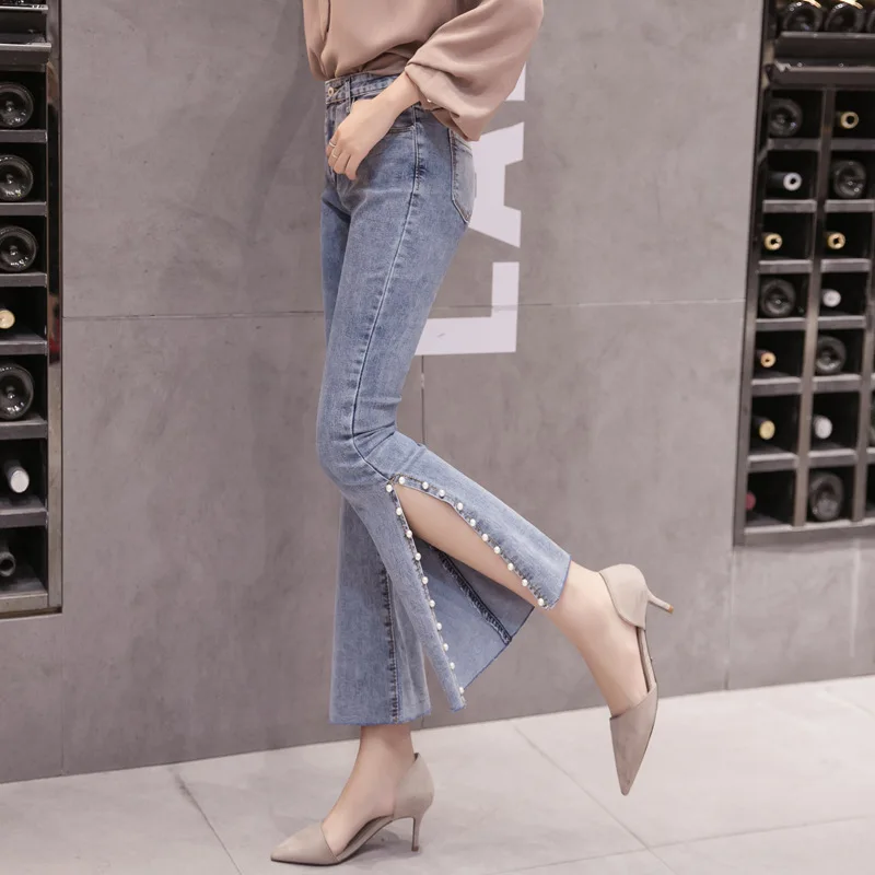 Отбеленные расклешенные джинсы для женщин офисные женские высокие приталенные с широкими штанинами джинсы стрейч Лоскутные прикладочные джинсовые брюки плюс размер