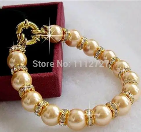 

Natural Stone Fashionable Style DIY 10mm Round Gold-Color Necklace from South Sea shell Crystal Beads Bracelet 7.5 "my5221 whole