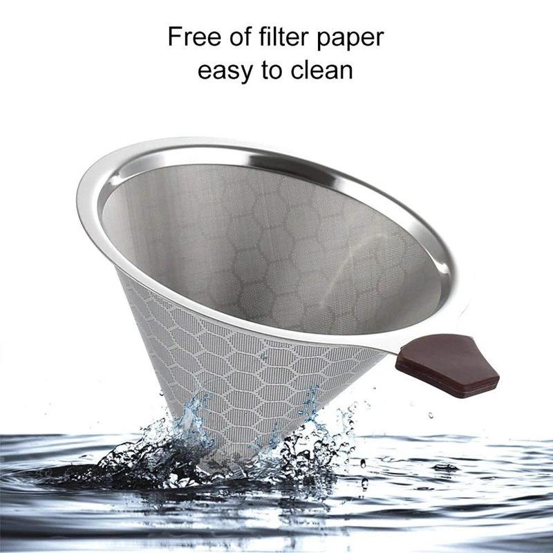 Honeycomb Design Premium Stainless Steel Coffee Filter Reusable Pour Over Coffee Dripper Cone With Non-slip Cup Stand and Brush Paperless 1-3 Cups 