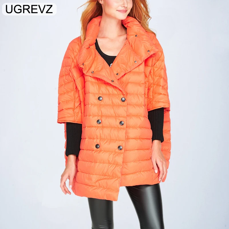 UGREVZ 2018 Ultra Light Down Parka Women Cloak Coat Loose Warm Fashion Knitting Spliced Bat Sleeve Solid Duck Down Jacket Female Coats