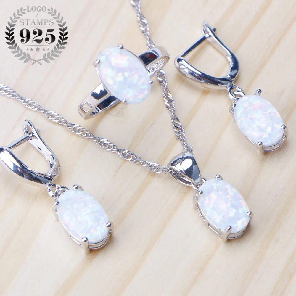 

925 Sterling Silver Opal Stone Wedding Bridal Jewelry Sets Earrings For Women Costume Jewelry Pendant Necklace Ring Set Gift Box