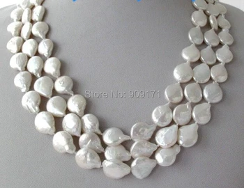 

Free Shipping>>3 Strands 17-19" White Coin Freshwater Pearl Necklace