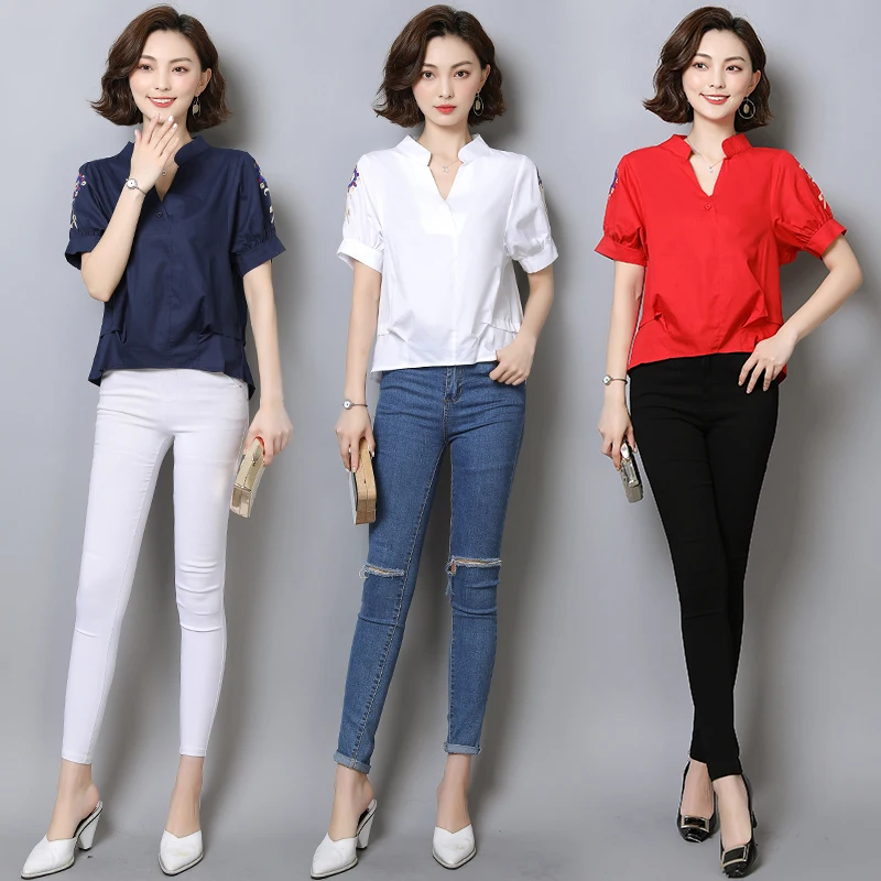 

Cotton Embroidered Short Sleeve Shirt Women