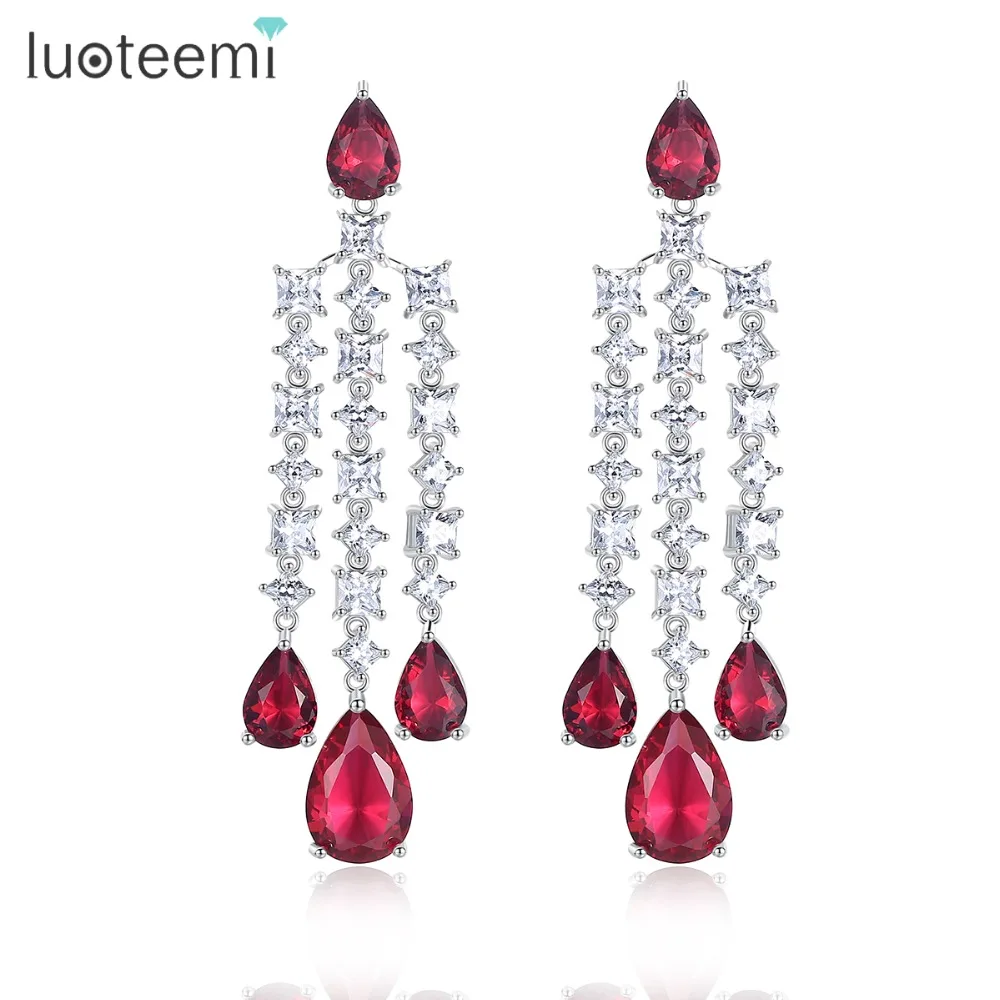 

LUOTEEMI Elegant Chandelier Long Big Waterdrop AAA+ Cubic Zirconia Bridal S925 Silver Dangle Drop Earring For Wedding Jewelry