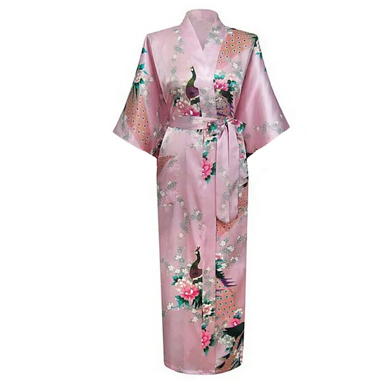 Pink Chinese Women's Silk Rayon Robe Kimono Bath Gown Long Summer ...