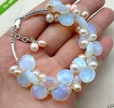 

opal New NATURAL Exquisite Moonstone Fresh Water Pearl bracelet Wedding Girl Woman MEN Quartz jewelry Silver hook gem