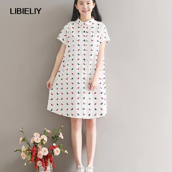 

Summer Dress Short Sleeve Turn Down Collar Cotton Dress Vestido De Festa Plus Size Brid Print Dress Casual Loose Beach Dress 212