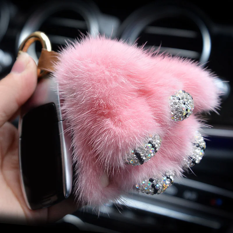 Cute-Cartoon-Rabbit-Fur-Diamond-Crystal-Pom-Pom-Keychain-Handbag-Car-Keyring-Women-Diamante-Mink-fur-Key-Buckle-4