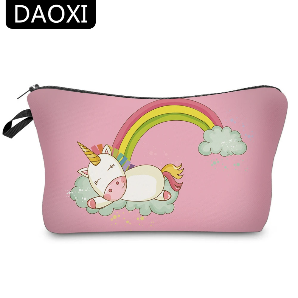 DAOXI 3D Printed Unicorn Cosmetic Bags with Zipper Pink Rainbow Cute Women Organizer Makeup