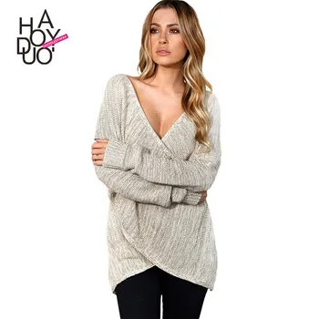 

Haoduoyi spring western style fashion thin fabric contrast color SML XL Pullovers gray V-neck woman's Casual knitwear Sweaters