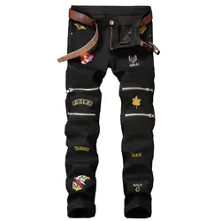 MORUANCLE Модные мужские байкерские джинсы с нашивками в стиле хип-хоп мотоциклетные джинсовые брюки с несколькими молниями черный размер 29-38