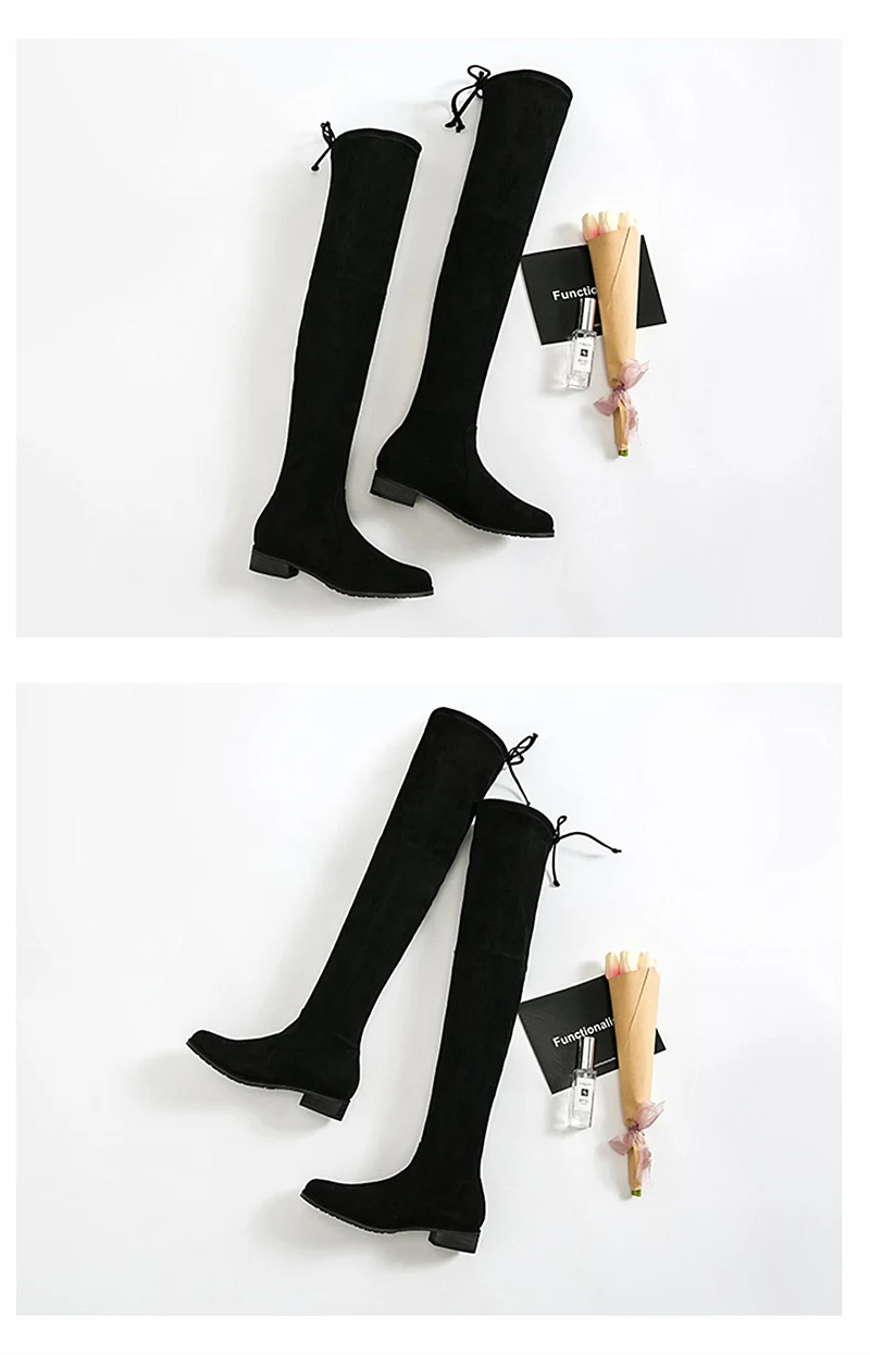 Новые ботинки женщин растянуться до колен зимние сапоги с мехом черные высокие сапоги ботинки женщин Большой размер круглый носок зимние сапоги черный