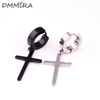 

Fashion Punk Men Women Cross Pendientes Color Black Stainless Steel Cross Charm Hoop Huggie Earrings Jewelry