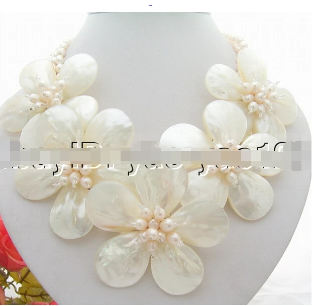 

Stunning! 3Strds White Pearl&Shell Flower Necklace AAA style Fine Noble real Natural free shipping