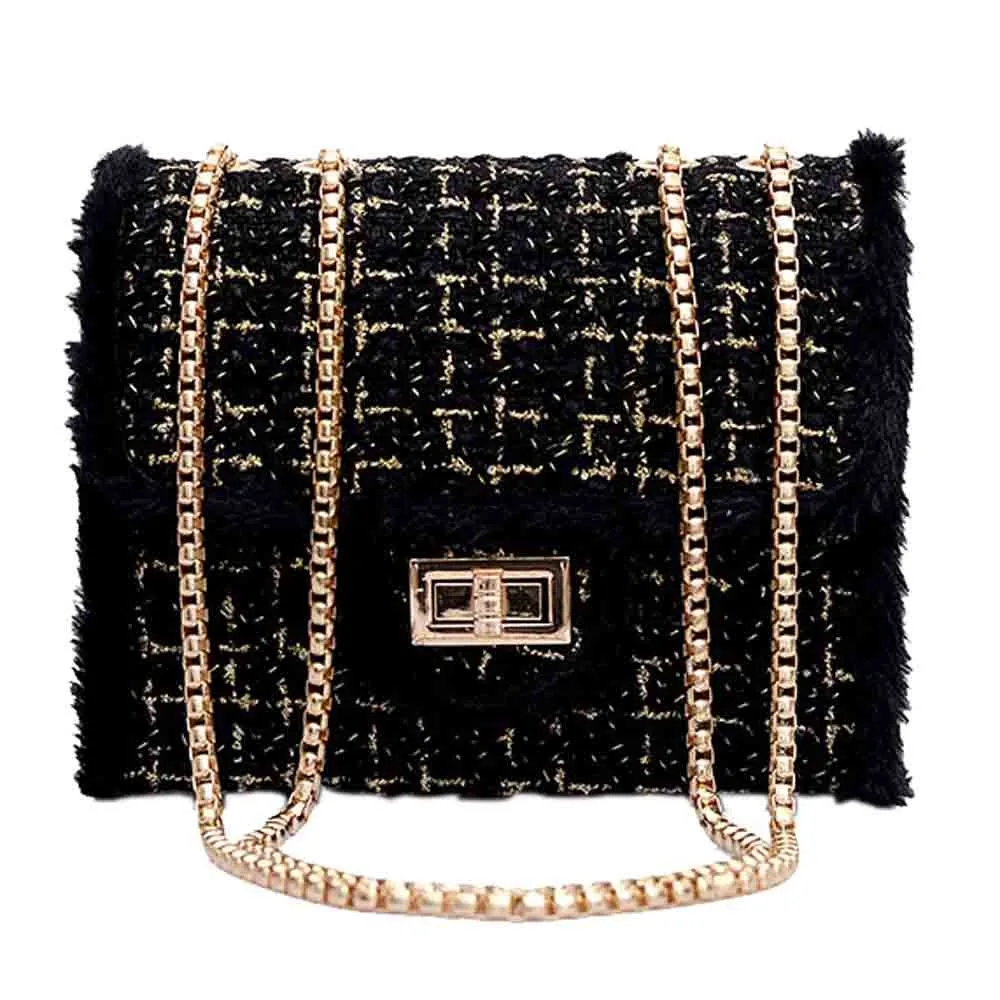Женская квадратная сумка на цепочке, Повседневная бархатная сумка через плечо с диагональным замком, Женская Элегантная черная винтажная сумка через плечо, Mochila8-LL - Цвет: Черный