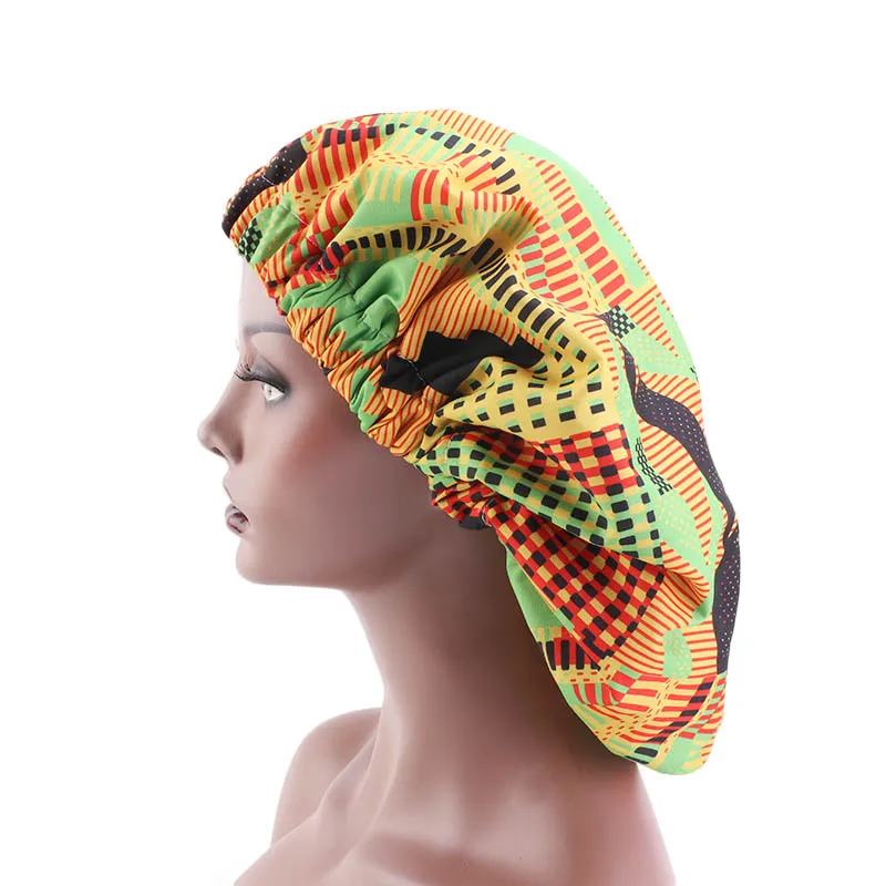 Новые очень большие атласные выстроились Bonnets для женщин Африканский узор печати ткань Анкара bonnets ночной сон шляпа женский тюрбан