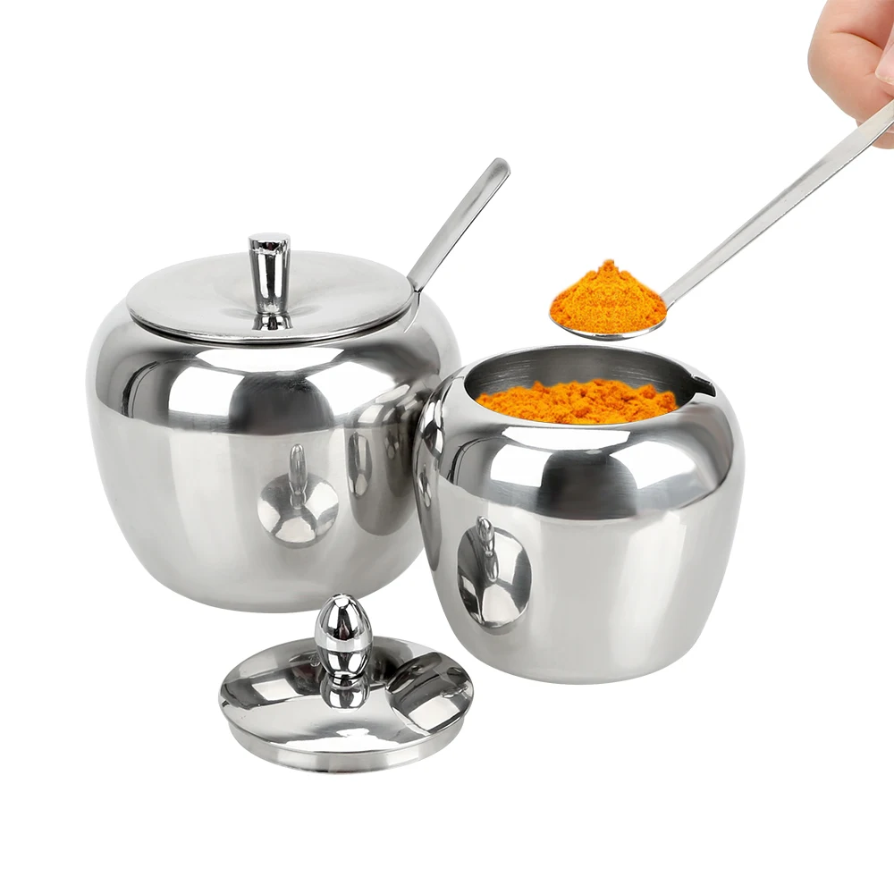 

HOOMIN Condiment Pot Tableware Stainless Steel Spice Container Apple Sugar Bowl Seasoning Jar With Lid and Spoon
