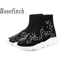 Женские носки со стразами, кроссовки, короткие сапоги, черный бриллиант, высокая помощь, стрейч, повседневная спортивная обувь, модные кроссовки, женские WK93-2