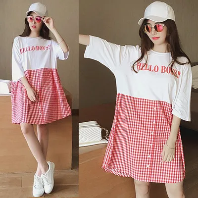 

2016 Knee-length Arrival Special Offer Cotton Lycra Chiffon Short Beach Solid Jins Checked Splicing Dress Sn Loose Big Yards
