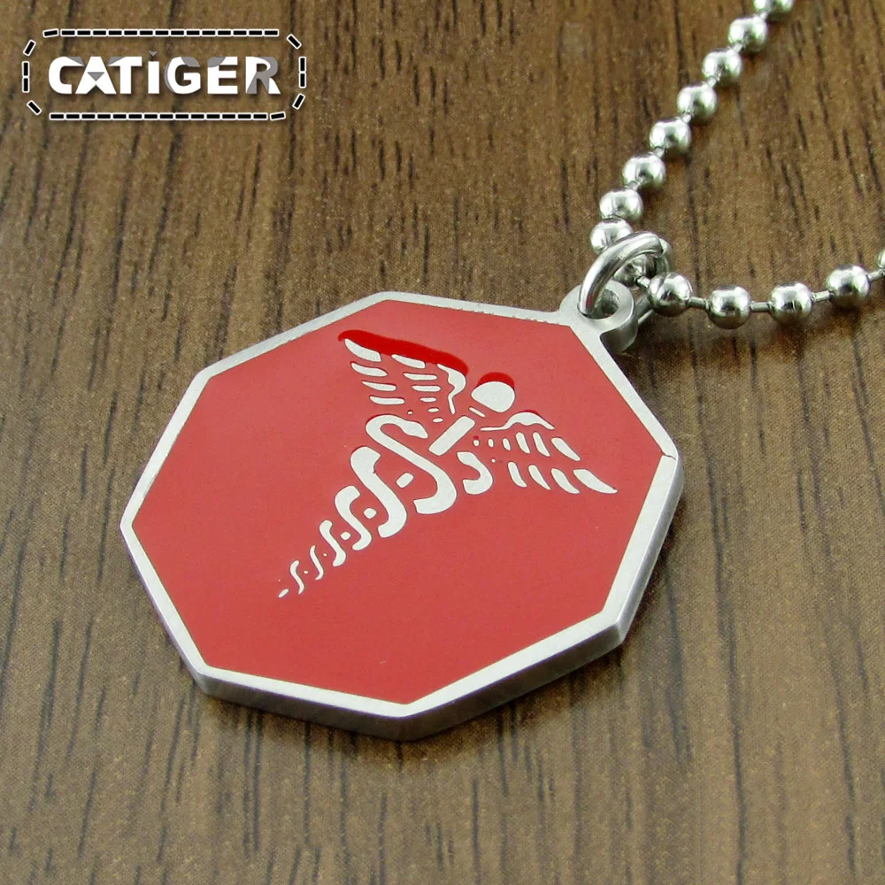 

Punk 316L Stainless Steel Red color Enamel Hexagon Medical logo Alert Pendant (Include the Ball Chain For Free)