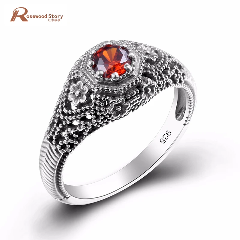 

Charm Handmade Sculpture Flower Vintage Ring Lab Garnet Stone Crystal Dreamcatcher Ring Turkish Jewelry 925 Sterling Silver Ring