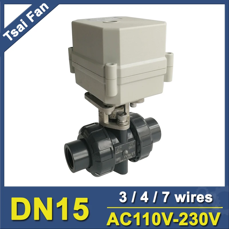 

DN15 PVC Actuated Valve AC110V-230V 3/4/7 Wires BSP/NPT 1/2'' 10NM On/Off 15 Sec Electric Shut Off Valve Metal Gear CE