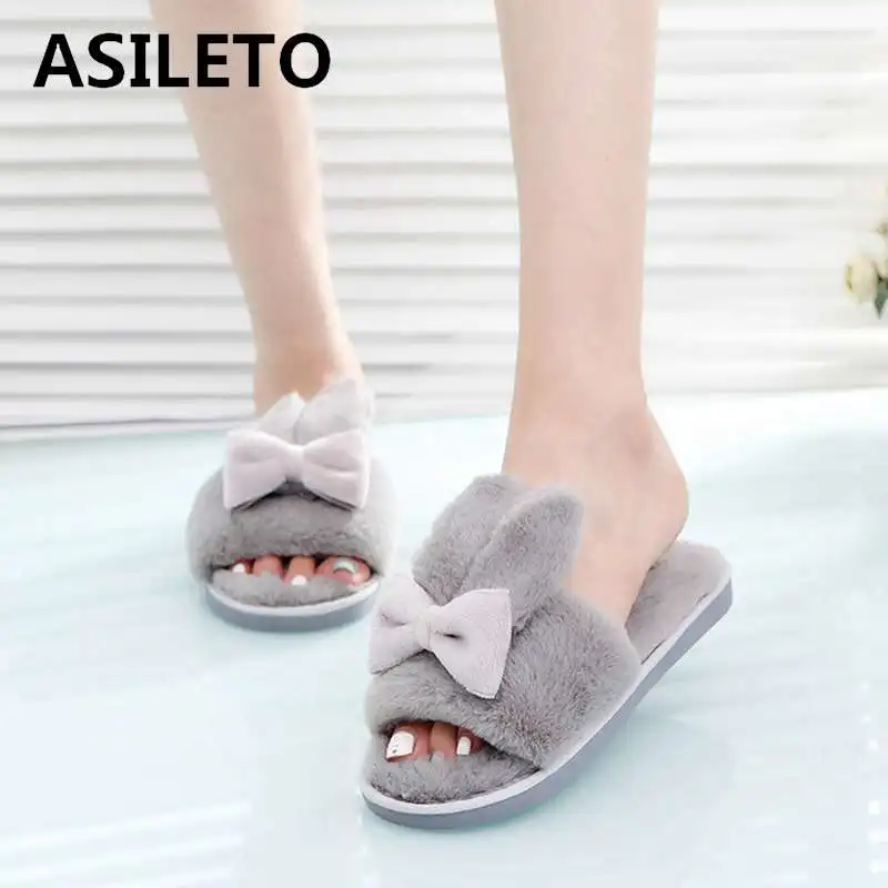 

ASILETO Winter Women Home Slippers indoor ear Faux Fur Warm Shoes Woman Slip on Flats Female Slides sapatos mujer pantoufle