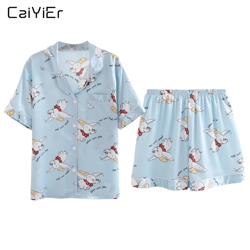 Goede Caiyier Roze Leuke Dumbo Print Zijde Pajama Sets 2019 Zomer Shorts Mouw Nachtkleding Sexy Dames Lingerie Nachtkleding Homewear 5XL