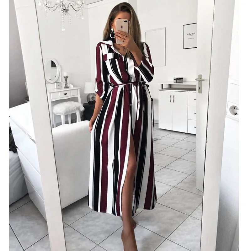 

Summer Dress Women Striped Shirt Dress Office Lady Casual Long Sleeve Loose Beach Dresses Turndown Collar Printed Maxi Vestidos
