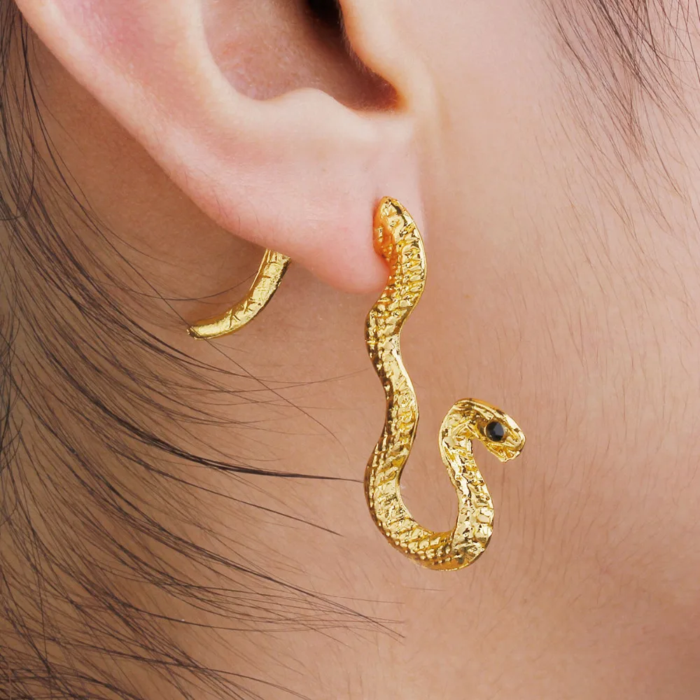 

Doreen Box 3D Double Sided Post Stud Earrings For Right Ear Gold color Snake Black Rhinestone 38mm x 35mm,1 Piece