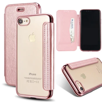 

General Electroplate Wallet Case For iPhone X 5 5S SE 6 6S Plus 7 8 Plus Soft TPU+PU Transparent Flip Leather With Stand case