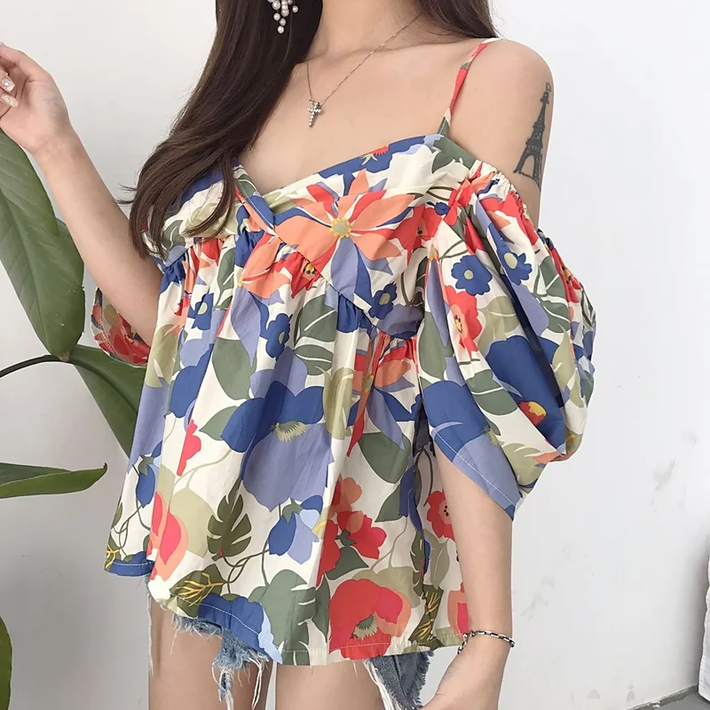 Whoherb Kawaii блуза со спущенными плечами 2019 корейская блузка с цветочным принтом