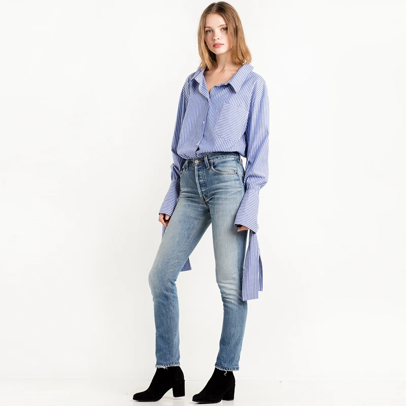 Блузка HDY Haoduodyi Женская синяя в полоску с карманами без спины|top elegant|woman top elegantwomen