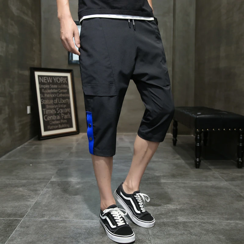 

Solid Color Calf-Length Pants Fashion Webbing Men's Pants Elastic Waist Black Green M-3XL Calf-Length Pants