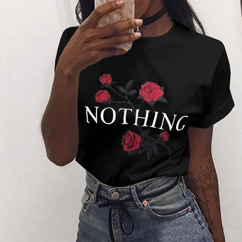 Vogue Letter T Shirt Women 2018 Summer tshirt Funny White Print Sexy o-neck Cotton Plus Size Oversized Short Sleeve Flower Tops Tops