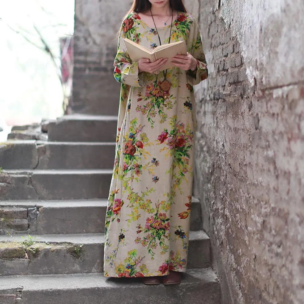 

Vintage Women Maxi Dress Women Floral Print Cotton Linen Dress Long Sleeve O Neck Pocket Casual Long Robe Plus Size Dress Autumn