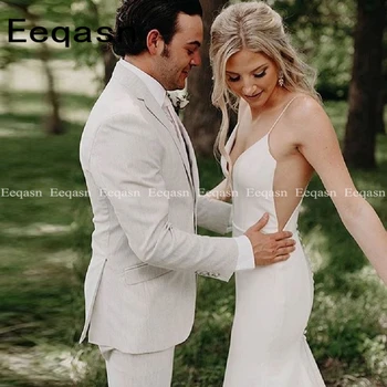 

Sexy Mermaid V Neck Wedding Dress 2020 Spaghetti Straps Back Open Sweep Train Long Beach Bridal Gown Custom Size