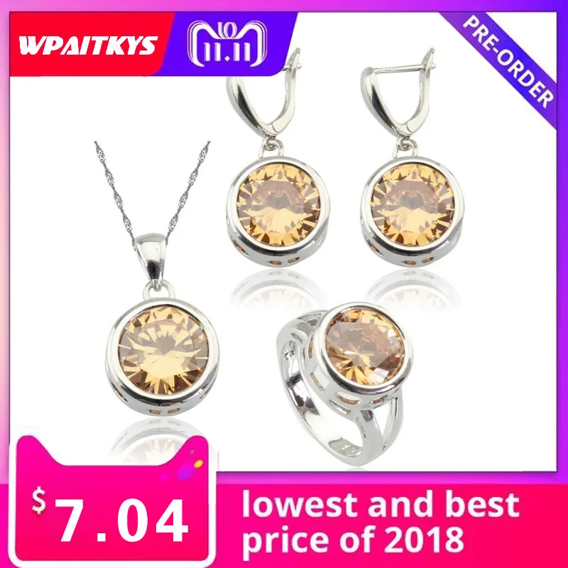 

WPAITKYS Round Stones Orange Champagne Stones Silver color Jewelry Sets For Women Necklace Pendant Earrings Rings Free Gift Box