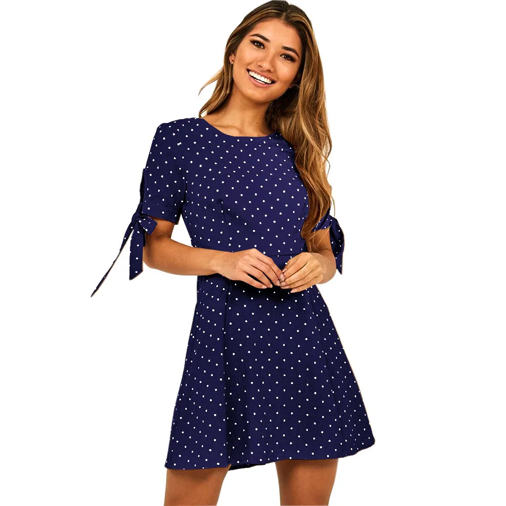 

Stylish Bar 2019 Women Point Star-like Print Short Sleeve Beach Dress Ladies Summer Ruffles Lace-up Casual Dresses Home Dress