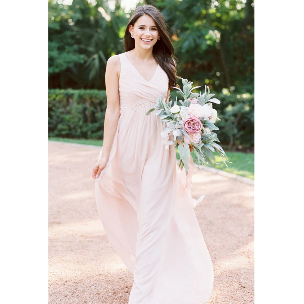 

Light Pink Pleat Chiffon Bridesmaid Dresses 2019 V Neck A Line Floor Length Elegant Long Cheap Wedding Party Gowns Plus Size