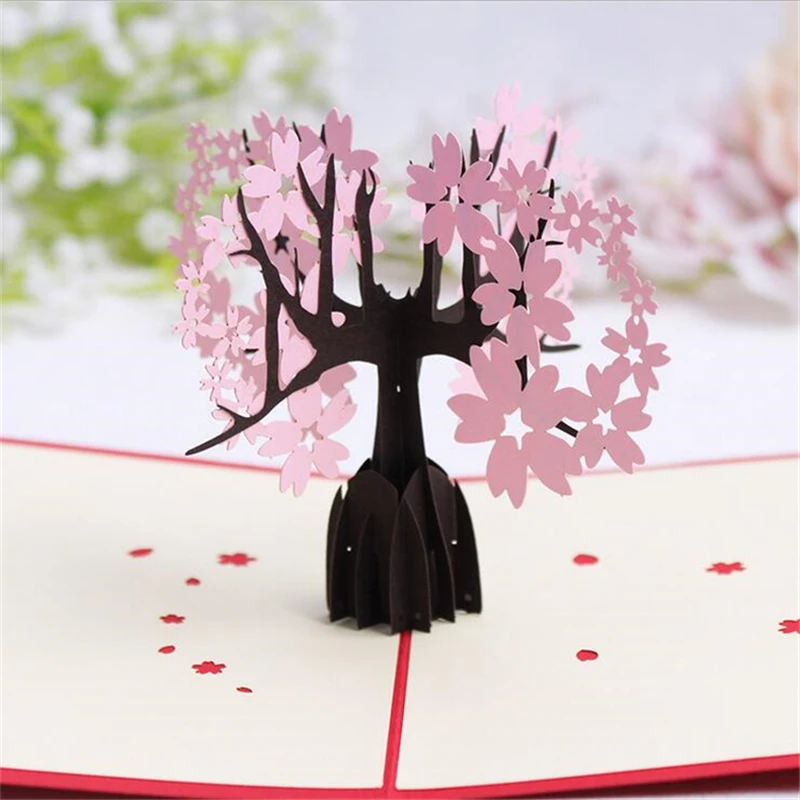 

5Set Casamento 3D Christmas Gift Cards Cherry Tree Handmade Decoupage Creative Kirigami & Origami Greeting Cards With Envelope