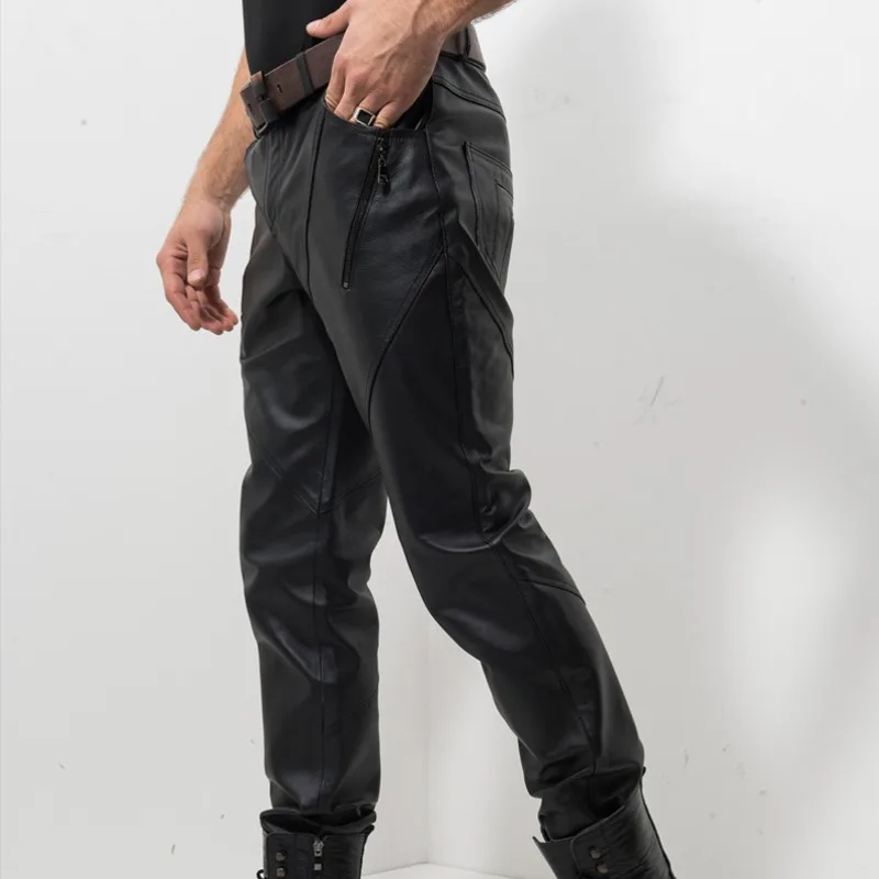 Мужские брюки на молнии ветрозащитные из натуральной кожи|fashion trousers|pants malefashion pants