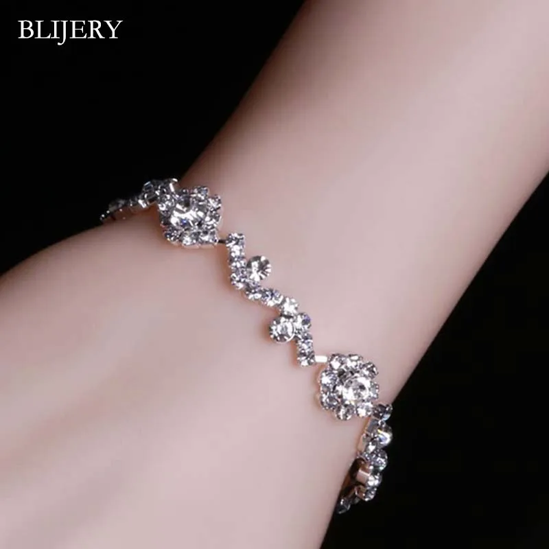BLIJERY, Роскошные браслеты с кристаллами для женщин, Посеребренные стразы, браслеты с подвесками и браслеты для женщин, свадебные ювелирные изделия, подарки - Окраска металла: 60B01-17.5CM
