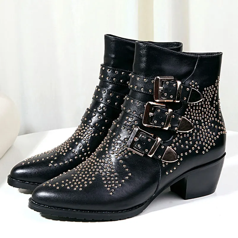 Women Winter Shoes Fashion Designer Ankle Boots Genuine Leather Shoes Woman Rivets Women Boots Pointed Toe Buckles Ladies Shoes