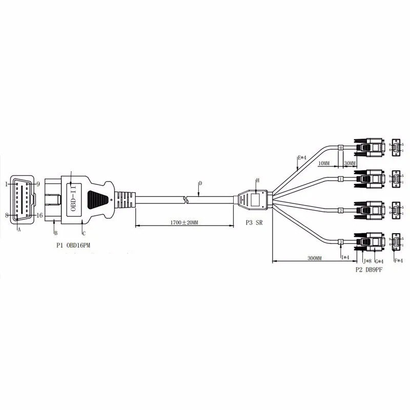 KWOKKER OBD2 16 контактный кабель кабельная проводка шнур 1 мужчина к 4 DB9 Интерфейс для RS232 диагностический инструмент серийный Порты и разъёмы RS232 Интерфейс
