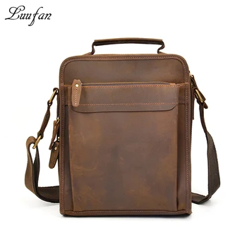 

Men's vintag Crazy horse leather shoulder bag Zip around real leather messenger bag iPad brown cowhide shoulder bag casual tote