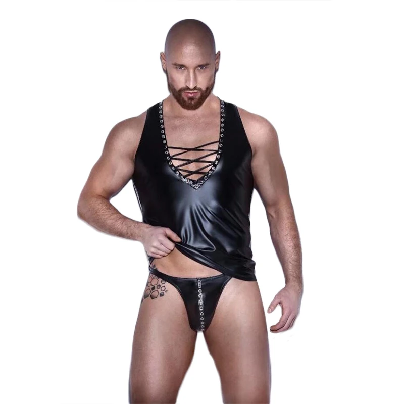 

Black Patent Leather Catsuit Top G String Twin Sets Hot Sexy Lingerie for Men Wetlook Spandex Erotic Mens Bodysuit XXL Plus Size