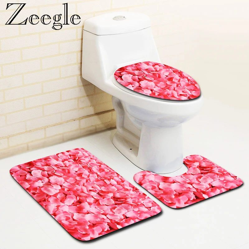 Zeegle 3pcs Romantic Red Heart Toilet Mat Bathroom Floor Mat Set