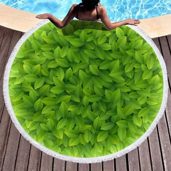

Boho Beach Towels Printed Green Leaves Beach Towel Microfiber Round Fabric Bath Towels For Living Room Home Decorative